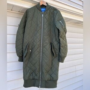 Adidas Olive Green Quilted Long Bomber Jacket
